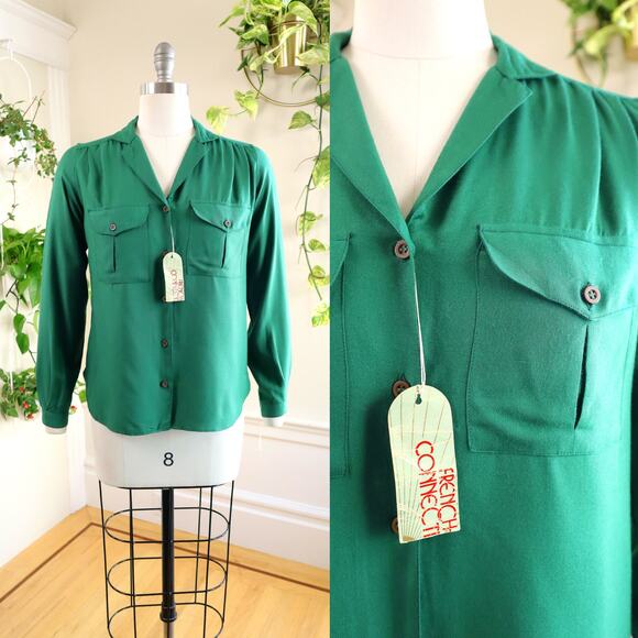 Vintage 1970s Blouse 70s Deadstock FRENCH CONNECTION Green Button Up Long Sleeve - Picture 1 of 9
